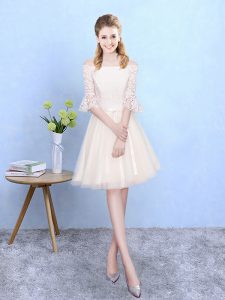 Lace Bridesmaid Dress Champagne Lace Up Half Sleeves Knee Length