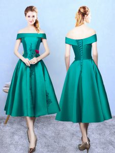 Unique Dark Green Taffeta Lace Up Bridesmaid Gown Sleeveless Tea Length Appliques
