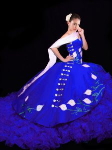 Brush Train Ball Gowns Quinceanera Dresses Royal Blue Sweetheart Organza Sleeveless Lace Up
