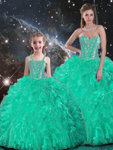 Top Selling Sweetheart Sleeveless 15th Birthday Dress Floor Length Beading and Ruffles Turquoise Organza