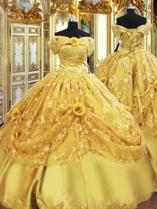 Glittering Gold Ball Gowns Beading and Appliques and Hand Made Flower Ball Gown Prom Dress Lace Up Tulle Sleeveless Floo