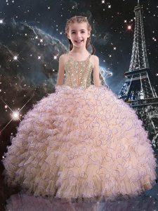 Custom Made Straps Sleeveless Lace Up Little Girls Pageant Gowns Pink Organza