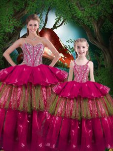 Glittering Sweetheart Sleeveless Quinceanera Gowns Floor Length Beading and Ruffled Layers Fuchsia Organza