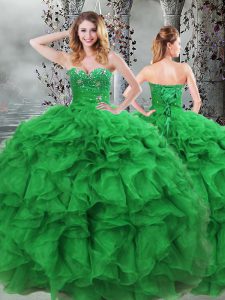 Green Lace Up Sweetheart Beading and Ruffles Ball Gown Prom Dress Organza Sleeveless