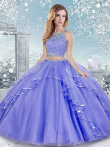 High End Scoop Sleeveless Clasp Handle Ball Gown Prom Dress Lavender Tulle