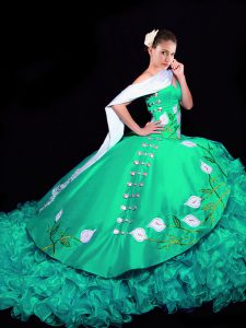Decent Turquoise Organza Lace Up Ball Gown Prom Dress Sleeveless Brush Train Embroidery and Ruffles