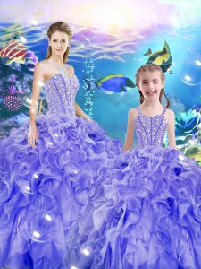 Sweetheart Sleeveless Quince Ball Gowns Floor Length Beading and Ruffles Lavender Organza