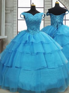 New Style Sleeveless Brush Train Lace Up Beading and Ruffled Layers Vestidos de Quinceanera