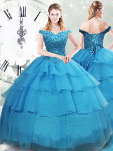 New Arrival Brush Train Ball Gowns Quinceanera Gown Baby Blue Off The Shoulder Organza Sleeveless Lace Up