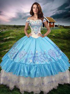 Baby Blue Ball Gowns Taffeta Off The Shoulder Sleeveless Beading and Embroidery and Ruffled Layers Floor Length Lace Up 