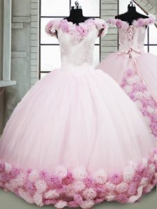 Luxury Fabric With Rolling Flowers Sleeveless Sweet 16 Quinceanera Dress Brush Train and Hand Made Flower