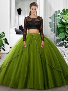 Floor Length Backless Quinceanera Gown Olive Green for Military Ball and Sweet 16 and Quinceanera with Lace and Ruching