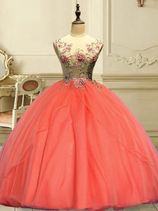 Top Selling Orange Red Scoop Lace Up Appliques Quinceanera Gown Sleeveless