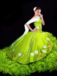 Hot Selling Yellow Green Organza Lace Up Quince Ball Gowns Sleeveless Brush Train Embroidery and Ruffles