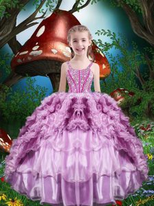 Lilac Ball Gowns Straps Sleeveless Organza Floor Length Lace Up Beading and Ruffles and Ruffled Layers Little Girl Pagea