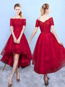 Beautiful High Low Lace Up Quinceanera Court Dresses Wine Red for Prom and Party with Appliques