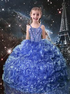 Super Sleeveless Organza Floor Length Lace Up Little Girl Pageant Gowns in Blue with Beading and Ruffles