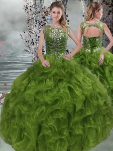 High Quality Olive Green Lace Up Quinceanera Gown Beading and Ruffles Sleeveless Floor Length