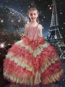 Top Selling Watermelon Red Straps Lace Up Beading and Ruffled Layers Little Girls Pageant Dress Short Sleeves