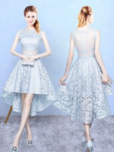 Light Blue Sleeveless Lace High Low Wedding Guest Dresses