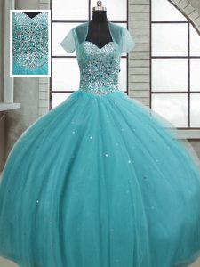 Beading and Sequins Ball Gown Prom Dress Aqua Blue Lace Up Sleeveless Floor Length