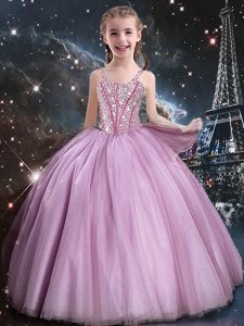 Rose Pink Lace Up Straps Beading Little Girl Pageant Dress Tulle Sleeveless
