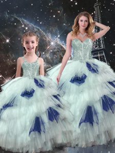 Blue And White Sleeveless Organza Lace Up Quinceanera Dress