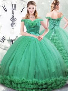 Fancy Turquoise Off The Shoulder Lace Up Hand Made Flower Quinceanera Gowns Brush Train Sleeveless