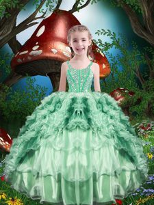 Perfect Apple Green Straps Lace Up Beading and Ruffles and Ruffled Layers Little Girls Pageant Gowns Sleeveless