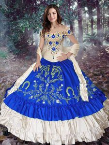 Classical Royal Blue Lace Up Off The Shoulder Embroidery and Ruffled Layers Quinceanera Gown Taffeta Sleeveless