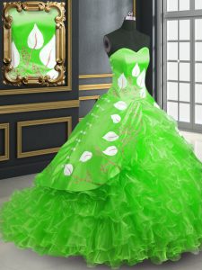Stunning Brush Train Ball Gowns Quinceanera Dresses Green Sweetheart Organza Sleeveless Lace Up