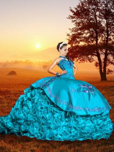 Hot Selling Baby Blue Ball Gowns Sweetheart Sleeveless Organza Brush Train Lace Up Embroidery and Ruffles Quince Ball Go
