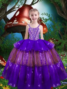 Purple Ball Gowns Beading and Ruffled Layers Kids Pageant Dress Lace Up Organza Sleeveless Floor Length