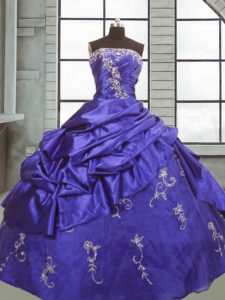 Purple Ball Gowns Taffeta Strapless Sleeveless Appliques and Pick Ups Floor Length Zipper Sweet 16 Quinceanera Dress
