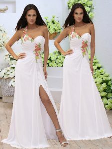 White Elastic Woven Satin Zipper Dress for Prom Sleeveless Floor Length Appliques and Ruching