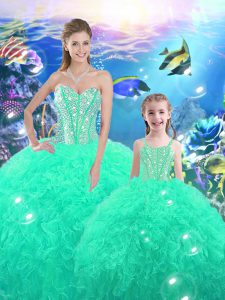 Floor Length Turquoise Sweet 16 Quinceanera Dress Organza Sleeveless Beading and Ruffles