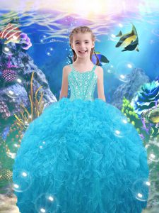 Glorious Straps Sleeveless Lace Up Pageant Dresses Aqua Blue Organza