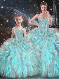 Beauteous Sleeveless Floor Length Beading and Ruffles Lace Up Ball Gown Prom Dress with Aqua Blue