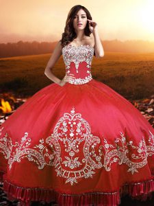 Coral Red Taffeta Lace Up Strapless Sleeveless Floor Length 15 Quinceanera Dress Beading and Appliques and Embroidery