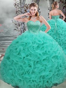 Turquoise Sleeveless Fabric With Rolling Flowers Brush Train Lace Up Sweet 16 Dress for Military Ball and Sweet 16 and Q