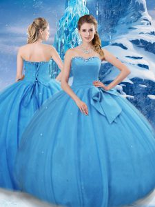 Baby Blue Quince Ball Gowns Military Ball and Sweet 16 and Quinceanera with Bowknot Sweetheart Sleeveless Lace Up