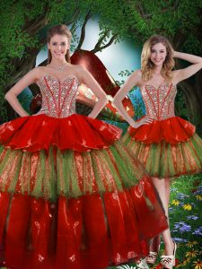 Best Selling Floor Length Wine Red Vestidos de Quinceanera Organza Sleeveless Beading and Ruffled Layers