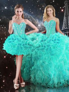 Sleeveless Floor Length Beading and Ruffles Lace Up Quinceanera Dresses with Turquoise