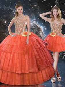 Organza Sweetheart Sleeveless Lace Up Ruffled Layers and Sequins Quince Ball Gowns in Rust Red