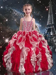 Wine Red Sleeveless Organza Lace Up Child Pageant Dress for Quinceanera and Wedding Party