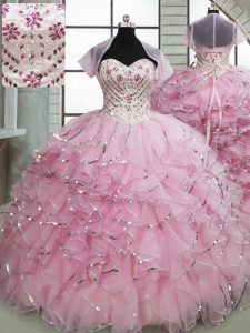 Latest Baby Pink Sleeveless Brush Train Beading and Ruffles 15th Birthday Dress
