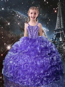 Hot Selling Purple Straps Neckline Beading and Ruffles Little Girls Pageant Gowns Sleeveless Lace Up