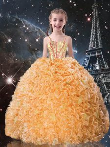 Beading and Ruffles Kids Formal Wear Gold Lace Up Sleeveless Floor Length