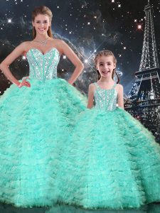 Ideal Sleeveless Tulle Floor Length Lace Up Sweet 16 Dress in Apple Green with Beading and Ruffles
