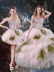 Clearance Champagne Lace Up Vestidos de Quinceanera Beading and Ruffled Layers and Sequins Sleeveless Floor Length
